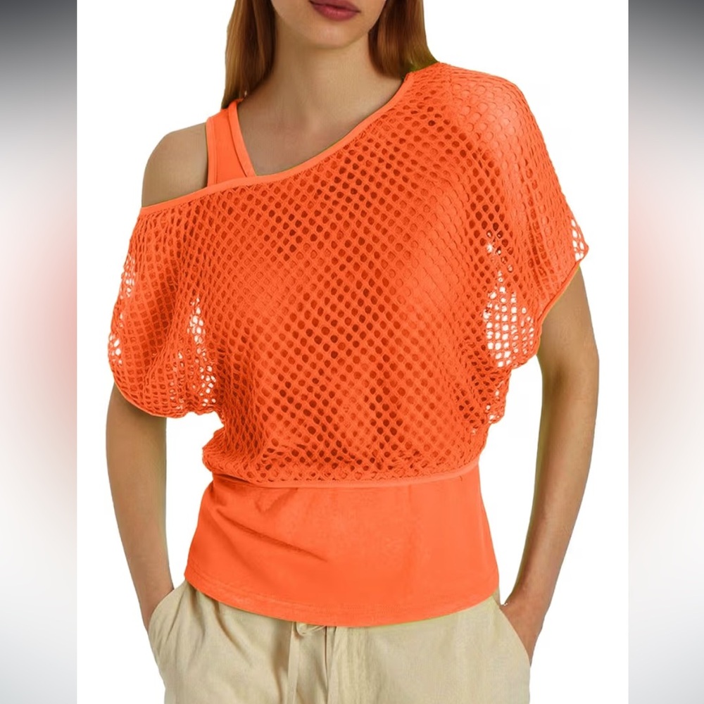 🌙 B165 Neon Orange Mesh Off-Shoulder Top